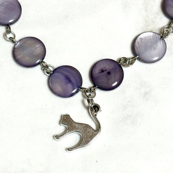 Purple Mother of Pearl Beaded Short Necklace + Cute Slim Cat Pendant - Picture 6 of 13